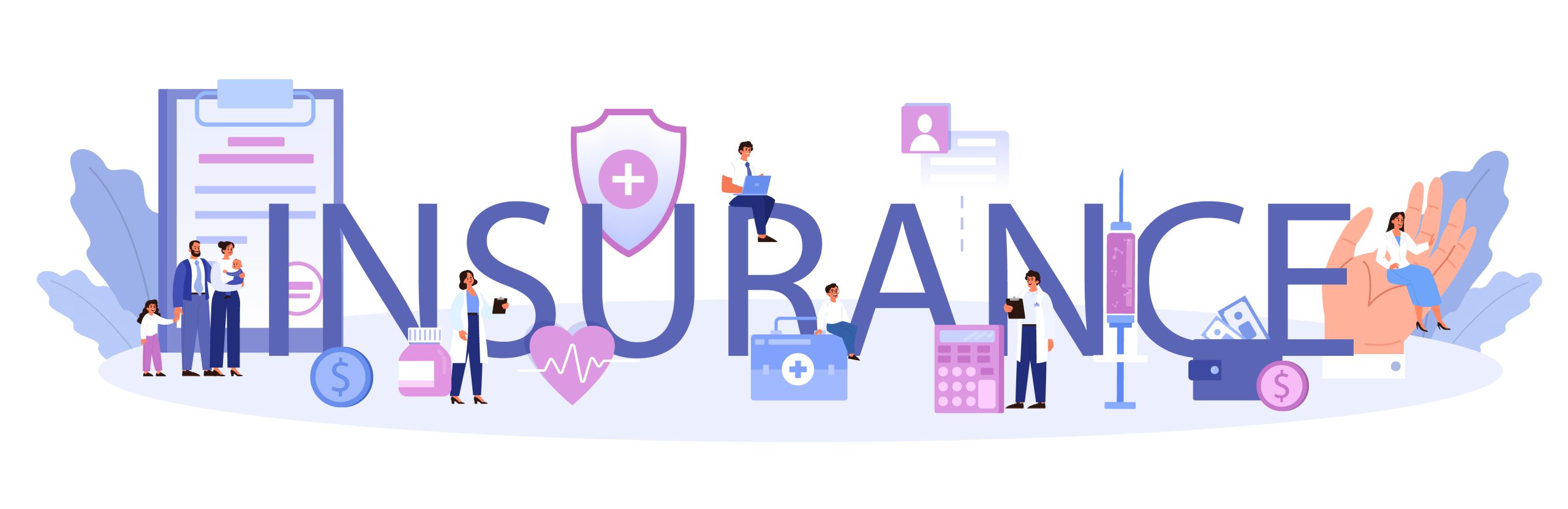 Insurance typographic header. Idea of security and protection of person's life from damage. Healthcare and medical service. Isolated flat vector illustration